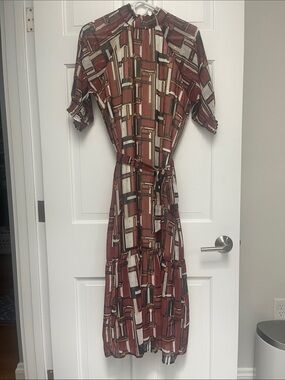 Brass Clothing Mondrian inspired Print Midi Dress with Self-Tie Waist - sz M